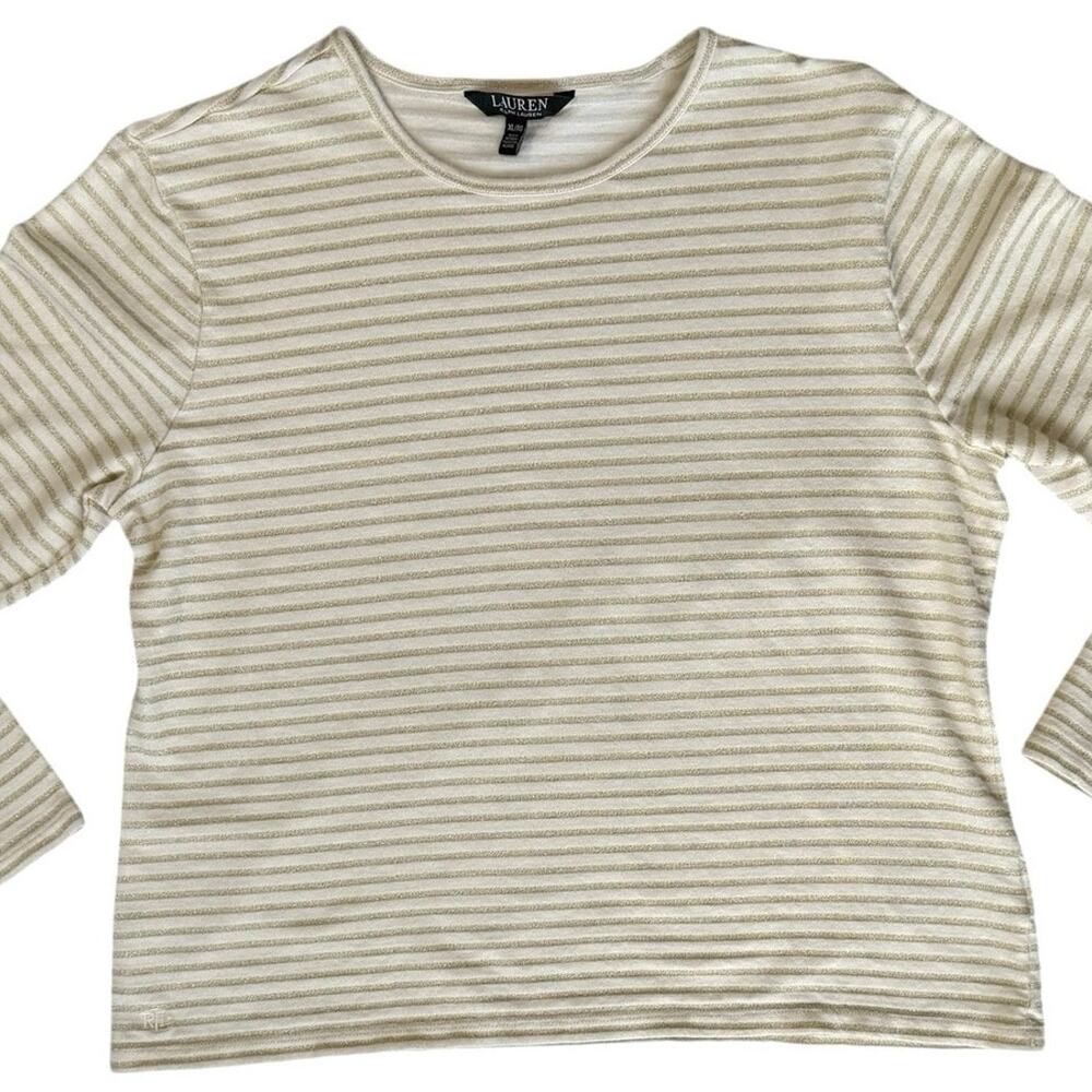 Ralph Lauren White Metallic Gold Top XL Stripe Holiday Quiet Luxury Glam Momcore